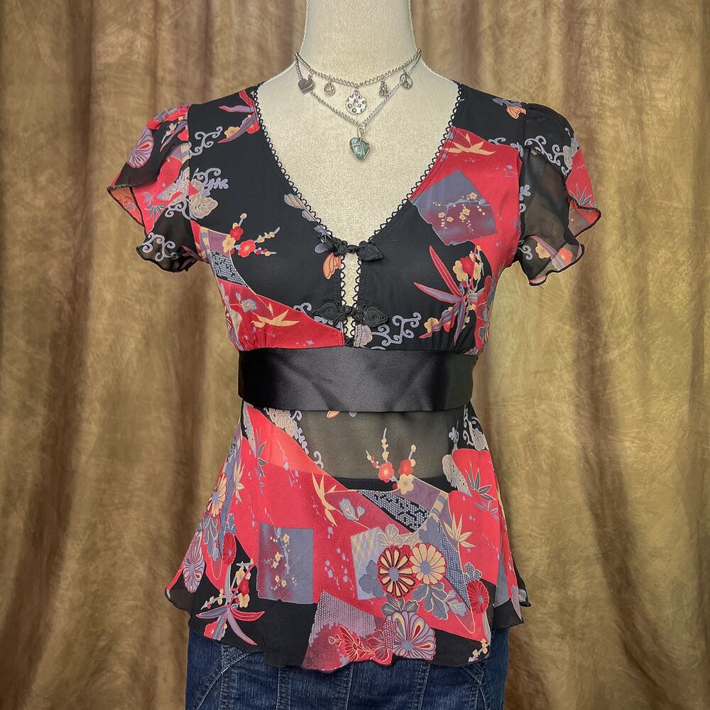 Vintage Y2K Mesh Top Sheer Flutter Sleeve Abstract Floral Blouse Empire Waist